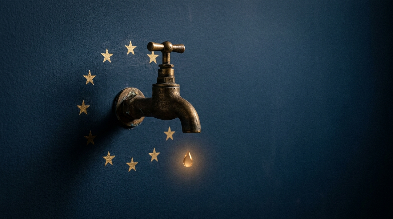 A brass tap dripping a single amber drop against a deep-blue wall painted with the ring of EU stars: the reach tap turned down