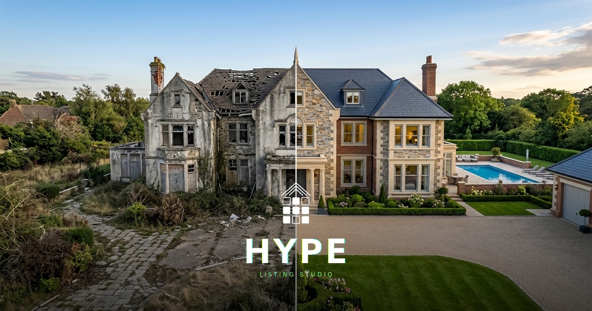 A before-and-after of a property listing — derelict on the left, restored and finished on the right, with the HYPE Listing Studio mark over the centre